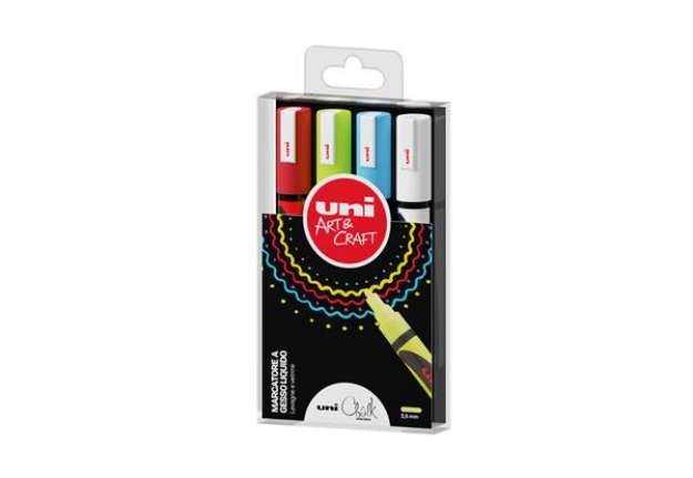 Immagine di Marcatore a gesso liquido Uni Chalk Marker - punta tonda 1,80 - 2,50 mm - Uni Mitsubishi - busta 4 p
