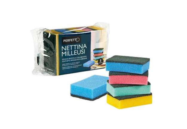 Immagine di Spugna nettina Milleusi - 11x6,5x3 cm - doppio strato - colori assortiti - Perfetto - conf. 5 pezzi
