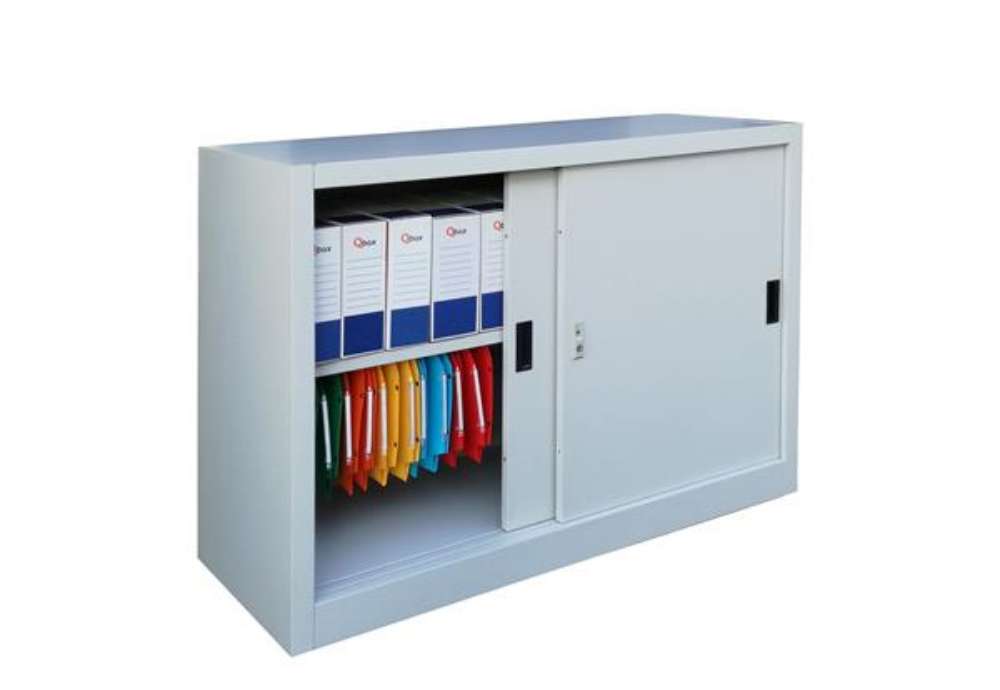 Immagine di Armadio basso in metallo ad ante scorrevoli - 1 vano e 1 ripiano regolabile - 120x45x90 cm - grigio