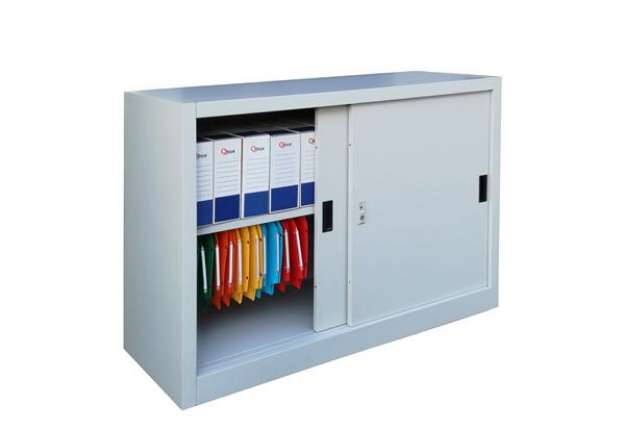 Immagine di Armadio basso in metallo ad ante scorrevoli - 1 vano e 1 ripiano regolabile - 120x45x90 cm - grigio
