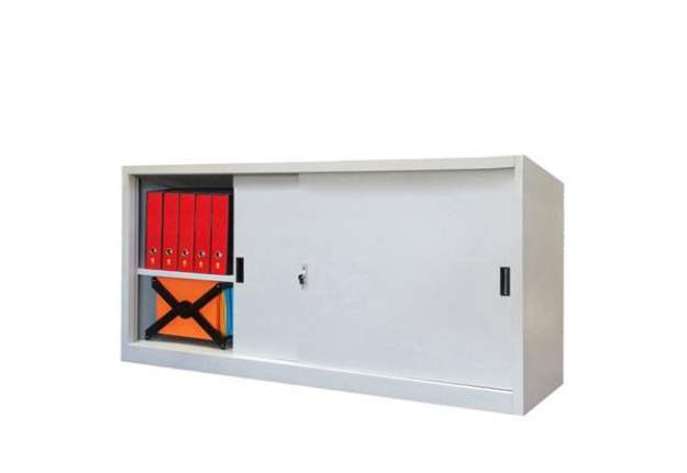 Immagine di Armadio basso in metallo ad ante scorrevoli - 2 vani e 2 ripiani regolabili - 180x45x90 cm - grigio