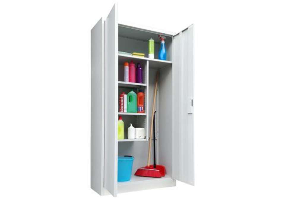 Immagine di Armadio porta scope in metallo ad 2 ante battenti - 4 ripiani fissi - 90x41x181,5 cm - grigio - Bert