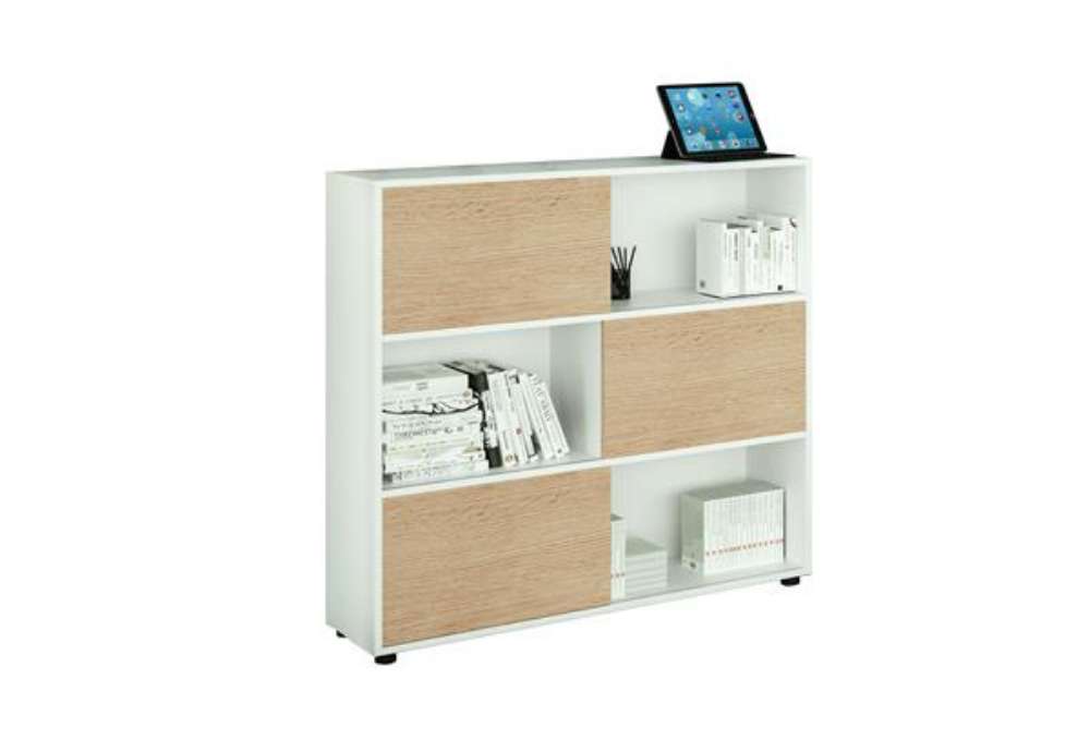 Immagine di Libreria bassa Tetris a 3 ripiani ante scorrevoli - 120x35x116 cm - bianco/rovere