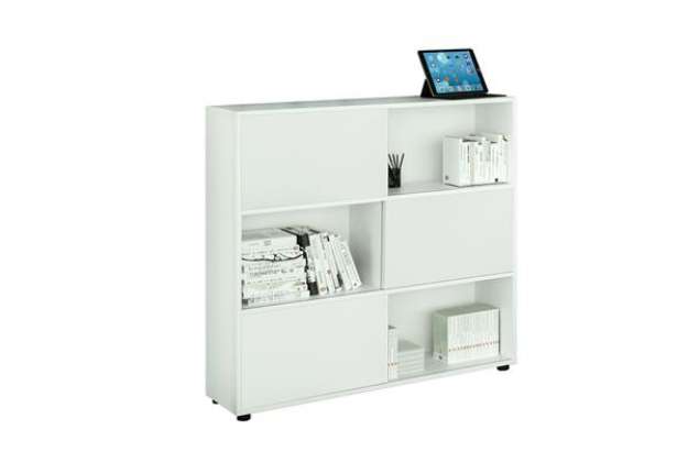 Immagine di Libreria bassa Tetris a 3 ripiani ante scorrevoli - 120x35x116 cm - bianco