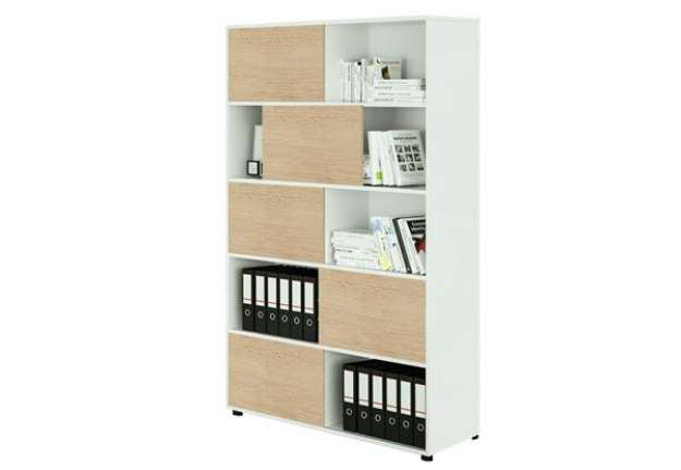 Immagine di Libreria alta Tetris a 5 ripiani ante scorrevoli - 120x35 x191 cm - bianco/rovere