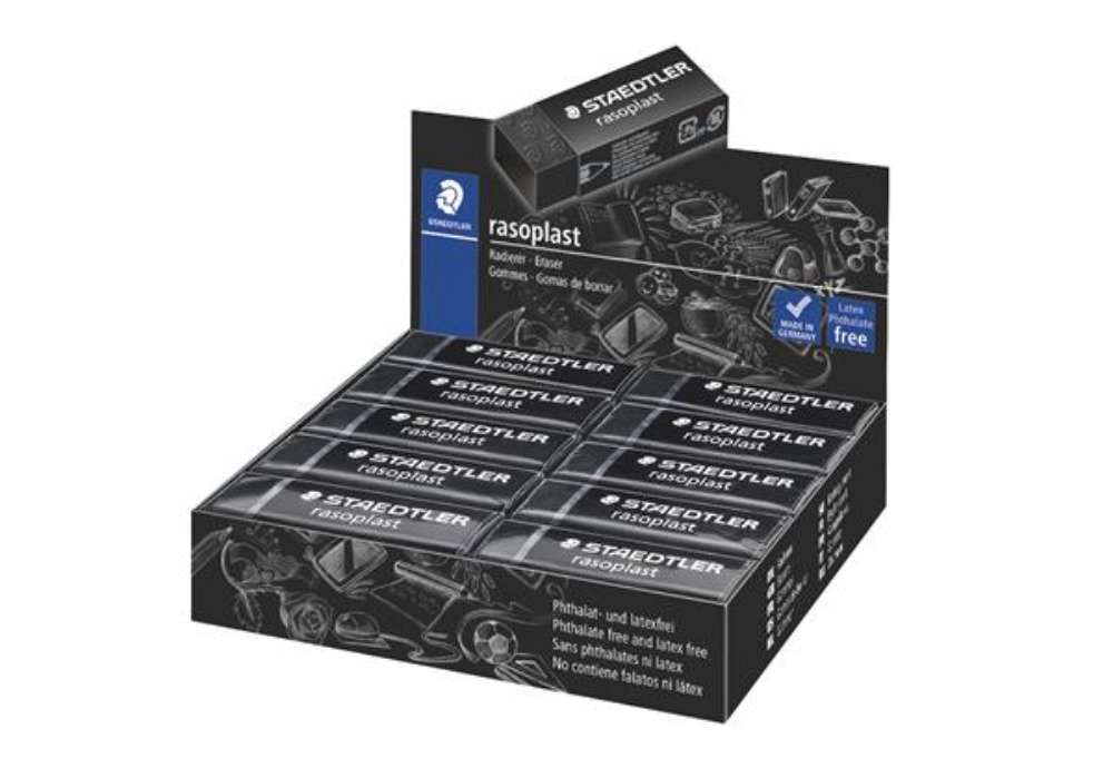 Immagine di Gomma Rasoplast - 63 x 13 x 23 mm - nero per matita - Staedtler - box 20 pezzi