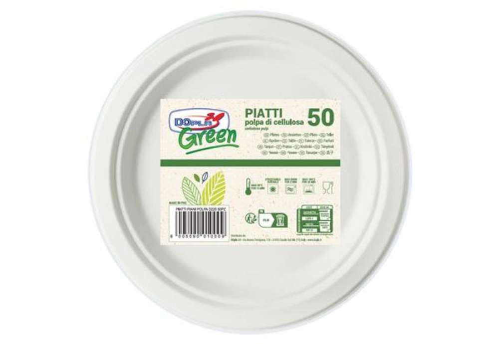 Immagine di Piatto piano monouso - rotondo - diametro 22 cm - cellulosa - bianco - Dopla Green - conf. 50 pezzi