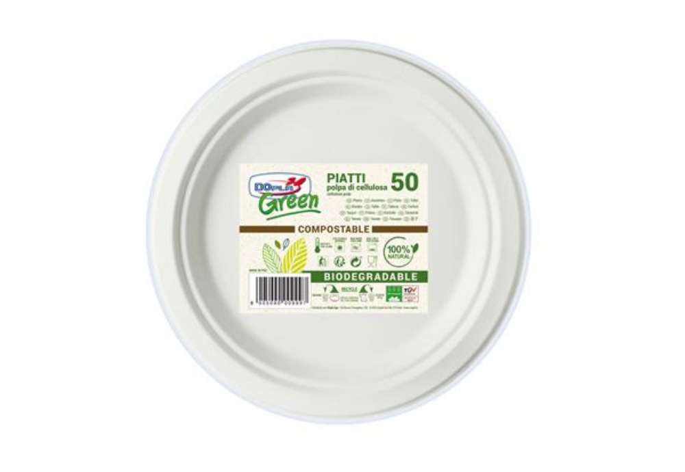 Immagine di Piatto frutta monouso - rotondo - diametro 17 cm - cellulosa - bianco - Dopla Green - conf. 50 pezzi