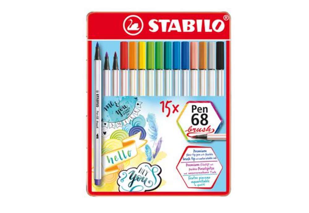 Immagine di Pennarelli Pen 68 Brush - colori assortiti - Stabilo - scatola metallo 15 pezzi