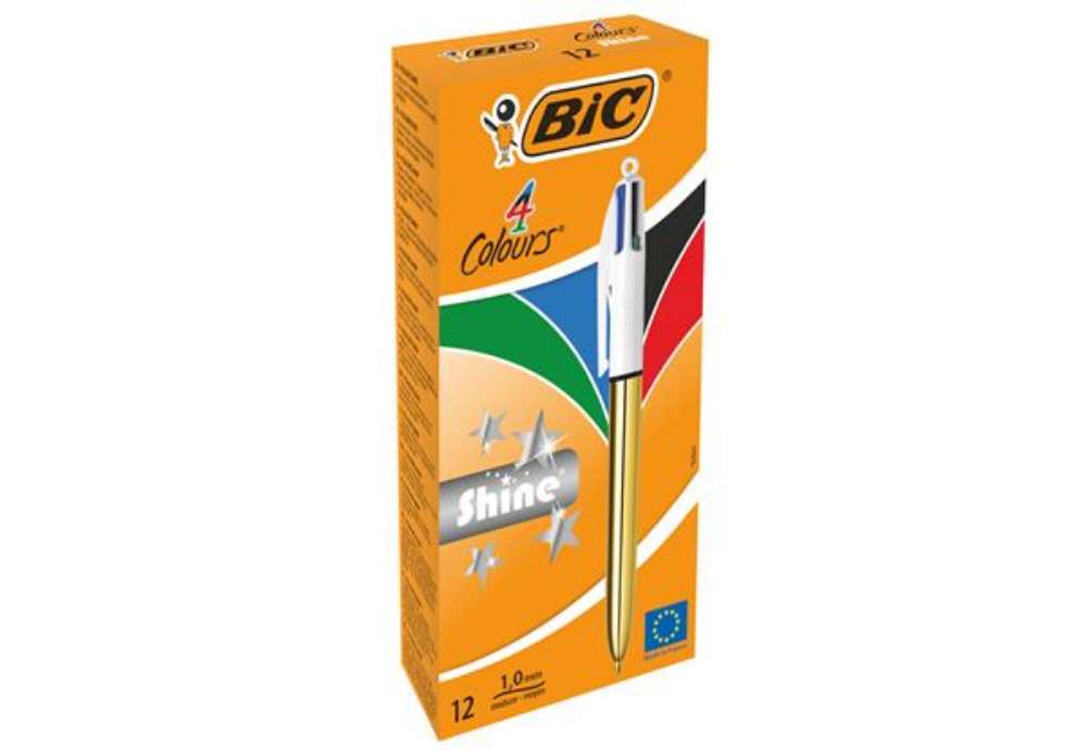 Immagine di Penna a sfera scatto multifunzione 4 Colours Shine - punta 1,0 mm - fusto oro - Bic – conf. 12 pezzi