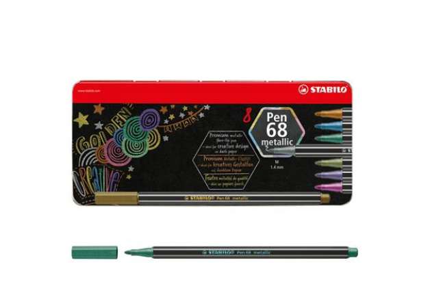 Immagine di Pennarelli Pen 68 - colori assortiti metallic - Stabilo - scatola in metallo 8 pezzi