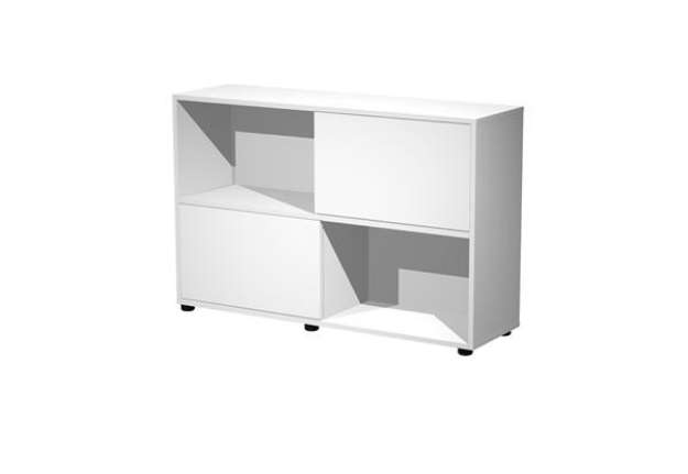 Immagine di Libreria bassa Tetris a 2 ripiani ante scorrevoli - 120x35x79 cm - bianco/bianco