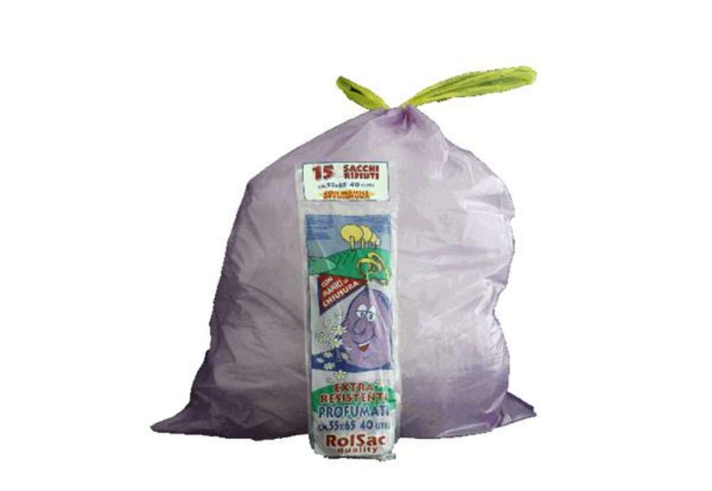 Immagine di Sacchi - 55 x 65 cm - 44 L - 18 micron - con maniglie - MDPE/HDPE - viola - Rolsac - conf. 15 pezzi