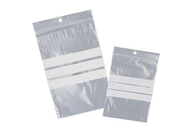 Immagine di Sacchetto zip - con bande scrivibili e foro - 10 x 15 cm - 50 micron - PE - Viva - conf. 100 pezzi