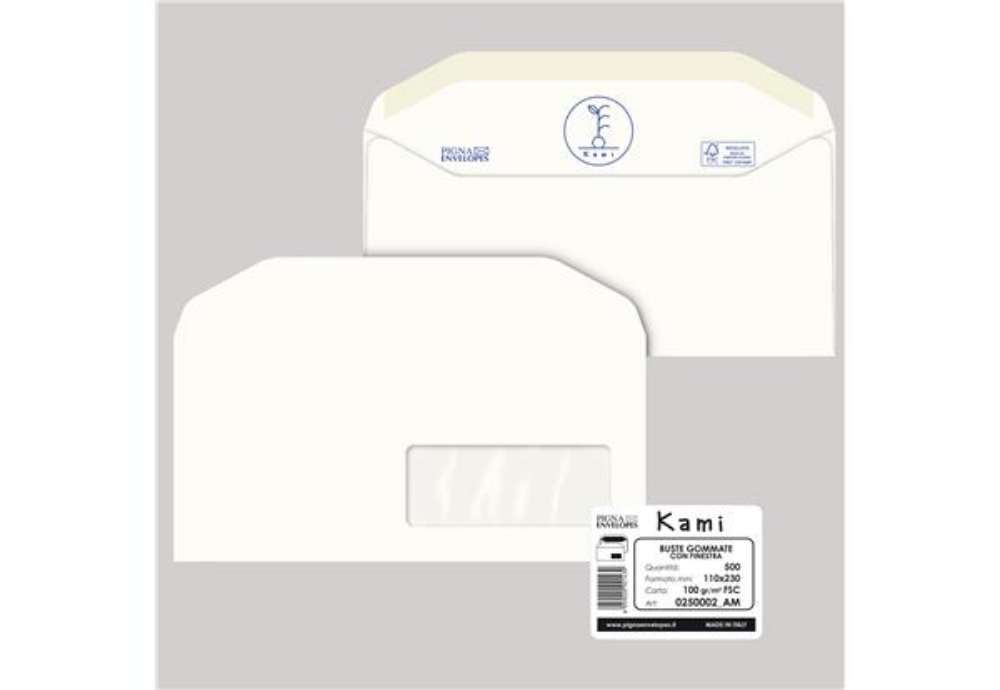 Immagine di Busta Kami Gommata - con finestra - 11 x 23 cm - 100 gr - carta riciclata FSC - bianco - Pigna Envel