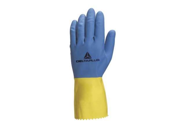 Immagine di Guanti da lavoro industriale Duocolor 330 - lattice floccato cotone - taglia 08/09 - blu/giallo - De
