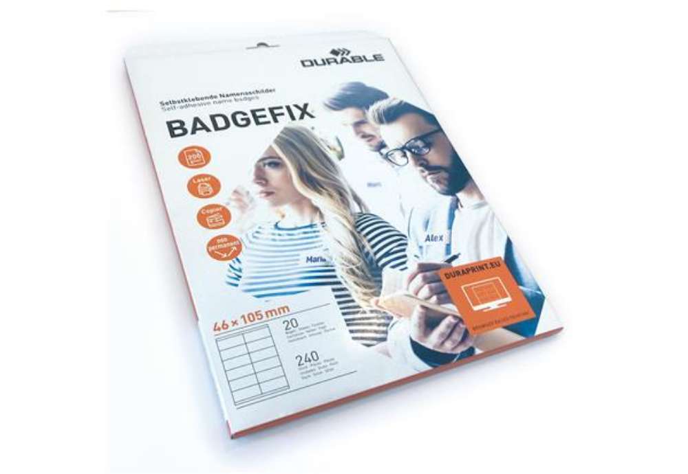 Immagine di Badge adesivi Badgefix - 20 fogli con 12 badge 46x105 mm - Durable