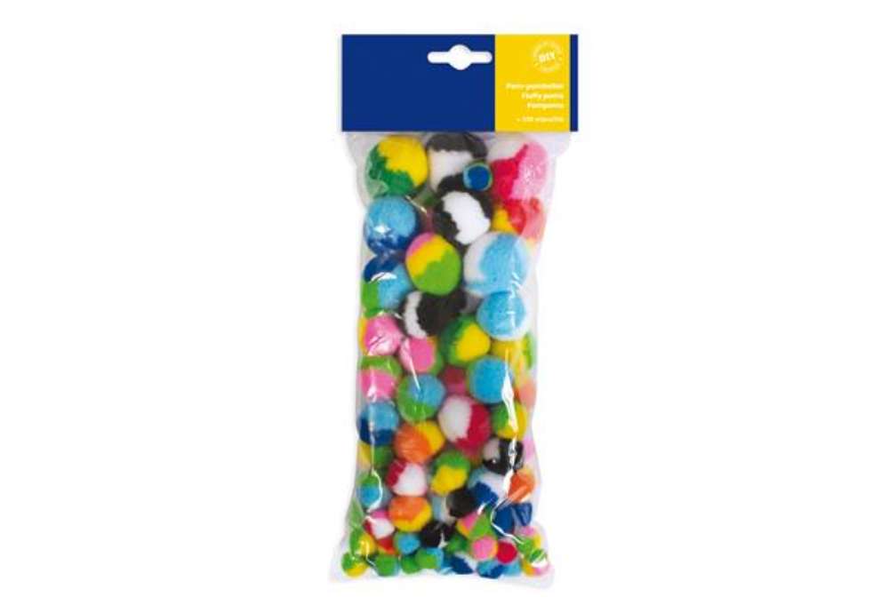 Immagine di Pompon a strisce - 10-35 mm - colori assortiti - DECO - busta 100 pezzi