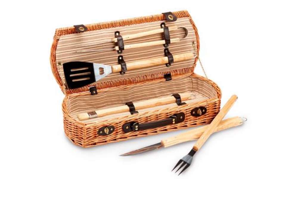 Immagine di Set barbecue 5 attrezzi - valigetta di vimini - 13 x 26 x 61 cm - Garden Friend