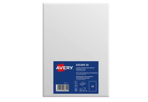 Immagine di Etichette adesive - in PE - permanenti - 420 x 297 mm - 1 et/fg - 10 fogli - bianco opaco - Avery