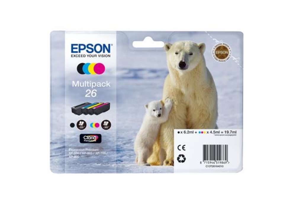 Immagine di Epson - Multipack Cartuccia ink - 26 - C/M/Y/K - C13T26164010 - C/M/Y 4,5ml cad - K 6,2ml