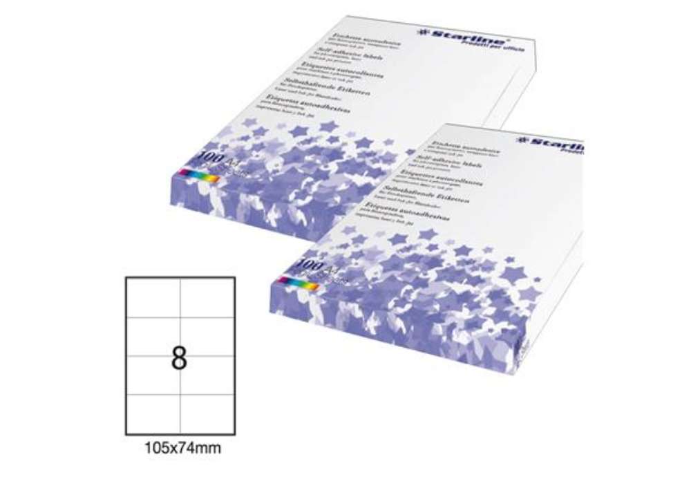 Immagine di Etichette adesive - in carta - permanenti - 105 x 74 mm - 8 et/fg - 100 fogli - bianco - Starline