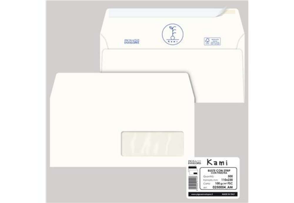 Immagine di Busta a sacco Kami Strip - con finestra - 11 x 23 cm - 100 gr - carta riciclata FSC - bianco - Pigna