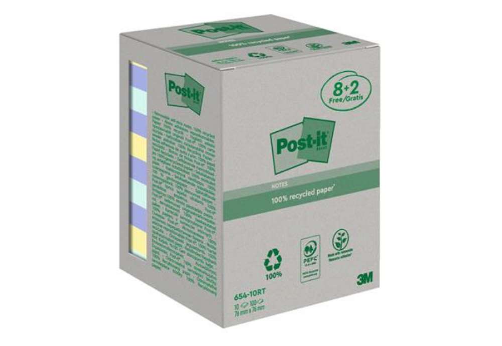 Immagine di Blocco foglietti Post-it - 654-RCP10 - 76 x 76 mm - carta riciclata - colori pastel - 100 fogli - Po