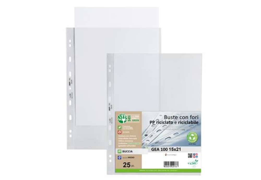Immagine di Buste forate Gea 100 - PP riciclato - buccia medium - 15 x 21 cm - Sei rota - conf. 25 pezzi