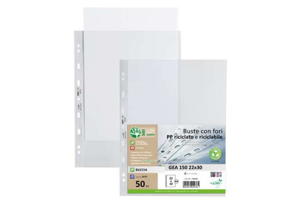 Immagine di Buste forate Gea 150 - PP riciclato - buccia pesante - 22 x 30 cm - Sei rota - conf. 50 pezzi