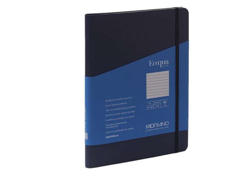 Immagine di Taccuino Ecoqua Plus - con elastico - spiralato - A5 - 70 fogli - righe - blu scuro - Fabriano