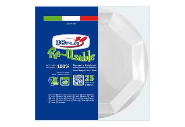 Immagine di Piatto piano riutilizzabile - ottagonale - diametro 22 cm - PS reuse - bianco - Dopla - conf. 25 pez