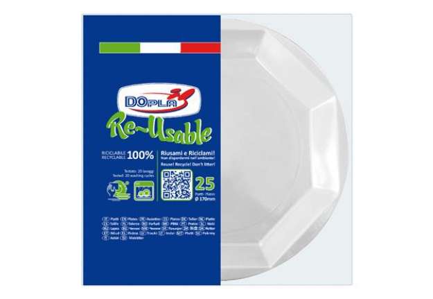 Immagine di Piatto frutta riutilizzabile - ottagonale - diametro 17 cm - PS reuse - bianco - Dopla - conf. 25 pe