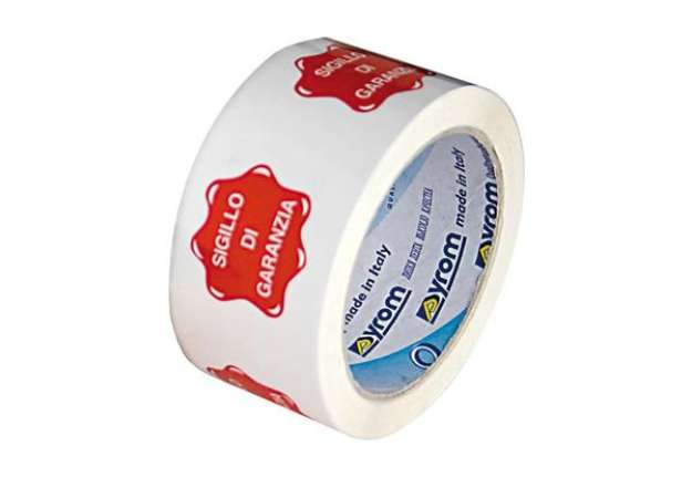 Immagine di Nastro adesivo da imballo Vinyl SYROM formato 50 mm  x 66 m bianco (stampa rossa ''sigillo di garanz