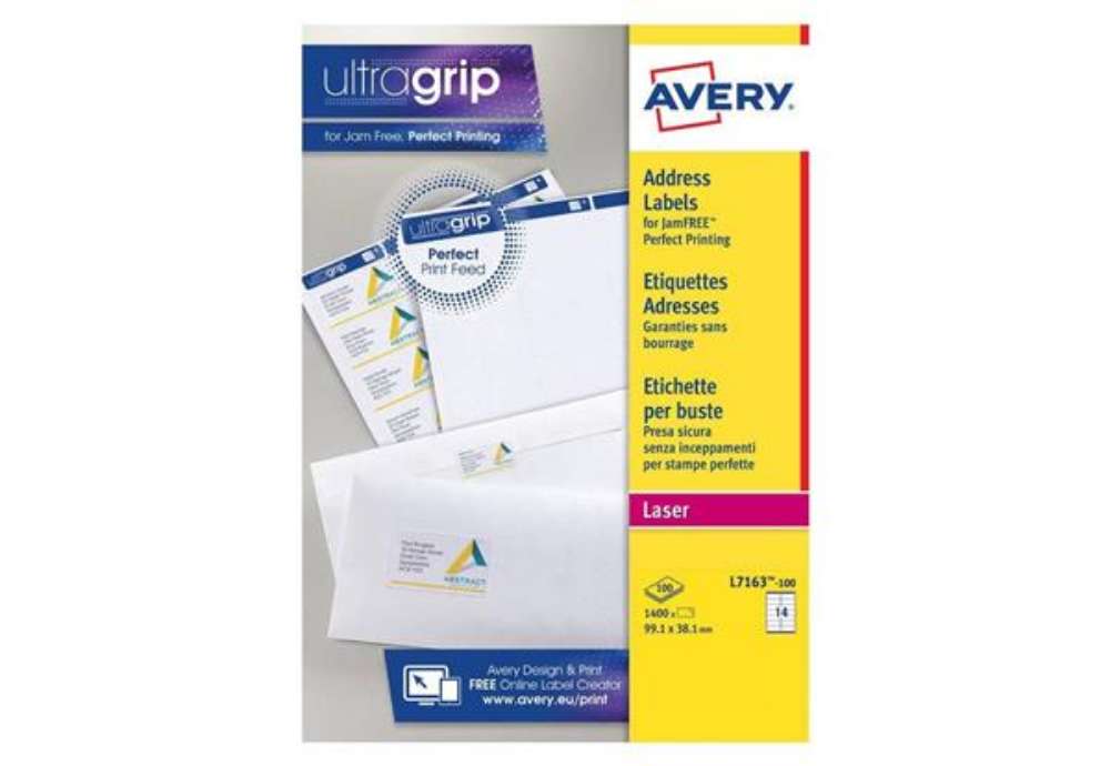Immagine di Etichette bianche per indirizzi AVERY Ultragrip™ 99,1x38,1 mm - 14 et/foglio - stampanti laser cf. 1