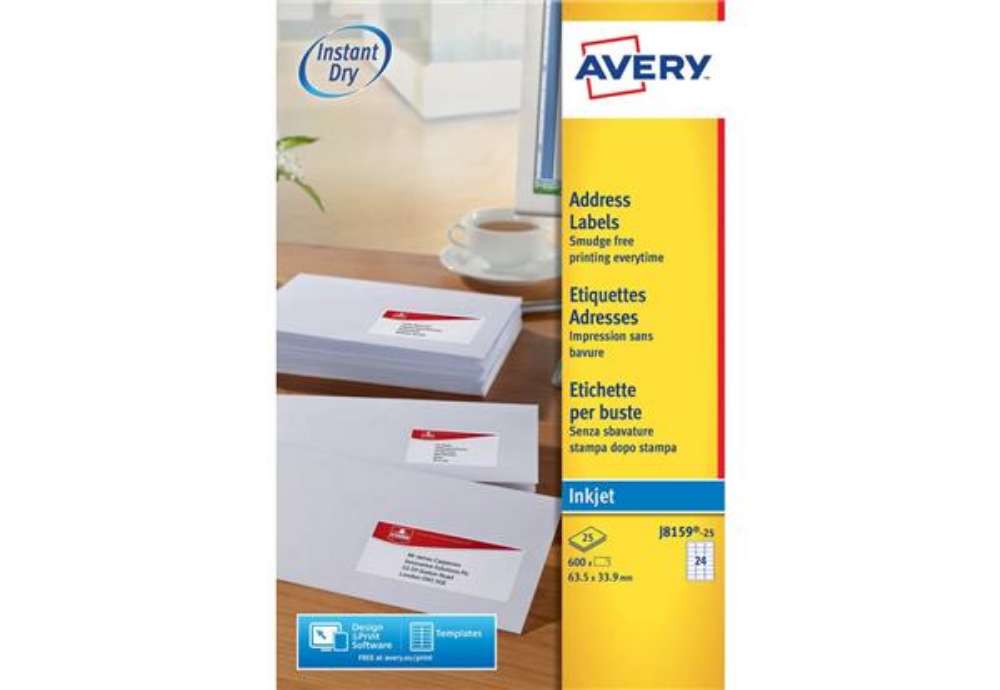 Immagine di Etichette bianche per buste AVERY QuickDRY™ 63,5x33,9 mm - 24 et/foglio - stampanti inkjet - cf. 25