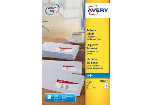 Immagine di Etichette bianche per buste AVERY QuickDRY™ 99,1x33,9 mm - 16 et/foglio - stampanti inkjet - cf. 25
