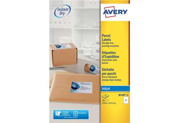 Immagine di Etichette bianche per pacchi AVERY QuickDRY™ 199,6x143,5 mm - 2 et/foglio - stampanti inkjet - cf. 2