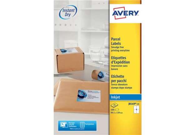 Immagine di Etichette bianche per pacchi AVERY QuickDRY™ 99,1x139 mm - 4 et/foglio - stampanti inkjet - cf. 25 f