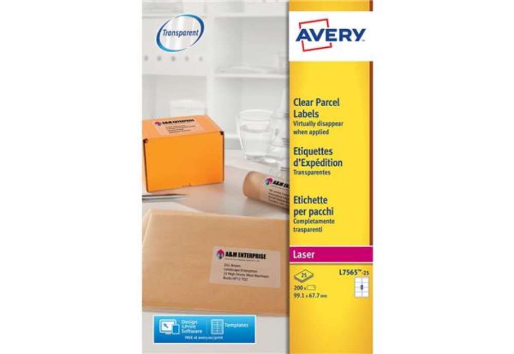 Immagine di Etichette poliestere trasparenti lucide AVERY QuickPEEL™ 99,1x67,7 mm - 8 et/foglio - laser conf. 25