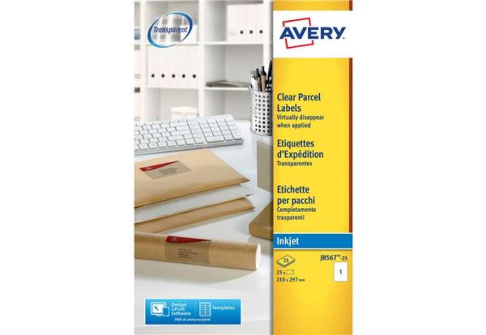 Immagine di Etichette poliestere trasparenti opache AVERY QuickPEEL™ 210x297 mm - 1 et/foglio - inkjet conf. 25