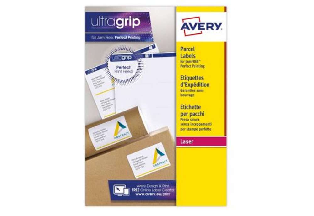 Immagine di Etichette bianche per indirizzi AVERY Ultragrip™ 199,6x143,5 mm - 2 et/foglio stampanti laser cf. 10