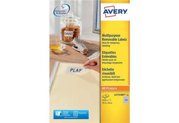 Immagine di Etichette bianche rimovibili AVERY 25,4x10 mm -  189 et/foglio - stampanti laser/inkjet Conf. 25 fog