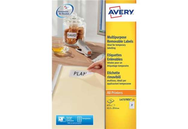 Immagine di Etichette bianche rimovibili AVERY 63,5x29,6 mm - 27 et/foglio - stampanti laser/inkjet Conf. 25 fog