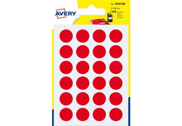 Immagine di Etichette rotonde colorate AVERY rosso Ø 15 mm - 24 et/foglio - scrivibili a mano - bustina da 7 fog