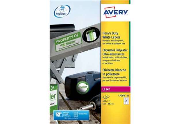 Immagine di Etichette permanenti poliestere bianche Avery 63,5x38,1 mm - 21 et/foglio - stampanti laser - cf. 20