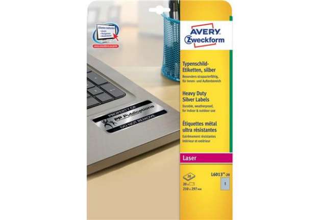 Immagine di Etichette permanenti poliestere argento Avery 210x297 mm - 1 et/foglio - laser monocolore - conf. 20