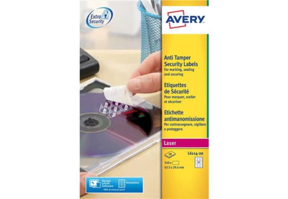 Immagine di Etichette bianche antimanomissione Avery 63,5x29,6 mm - 27 et/foglio - per stampanti laser conf. 20
