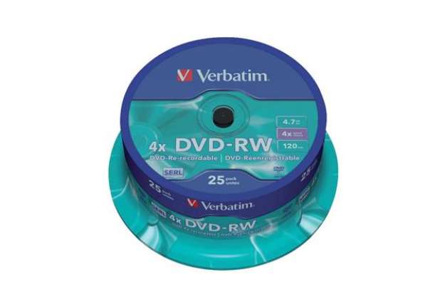 Immagine di DVD-RW Verbatim 4.7 GB 4x Spindle Case in confezione da 25 dvd-rw - 43639