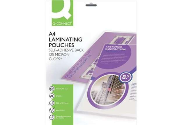 Immagine di Pouches autoadesive per plastificatrici Q-Connect 2x125 µm finitura lucida A4 Conf. 25 pezzi - KF240